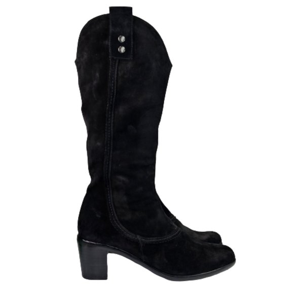 Vaneli Hash Black Nubuck Knee High Stitching Adjustable Snap Pull On Heel Boots - Picture 2 of 16